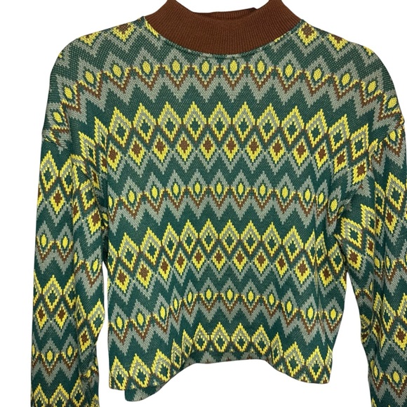 Zara green, yellow, brown geometric pattern cropped sweater size small - Picture 2 of 6